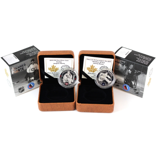 2015 $10 Goalies: Johnny Bower & Jacques Plante Fine Silver Coins. 2pcs. (Tax Exempt)