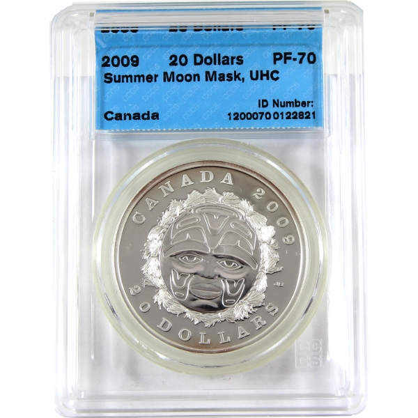2009 $20 Summer Moon Mask 1oz .9999 Fine Silver Coin CCCS PF70 UHC (Tax Exempt)