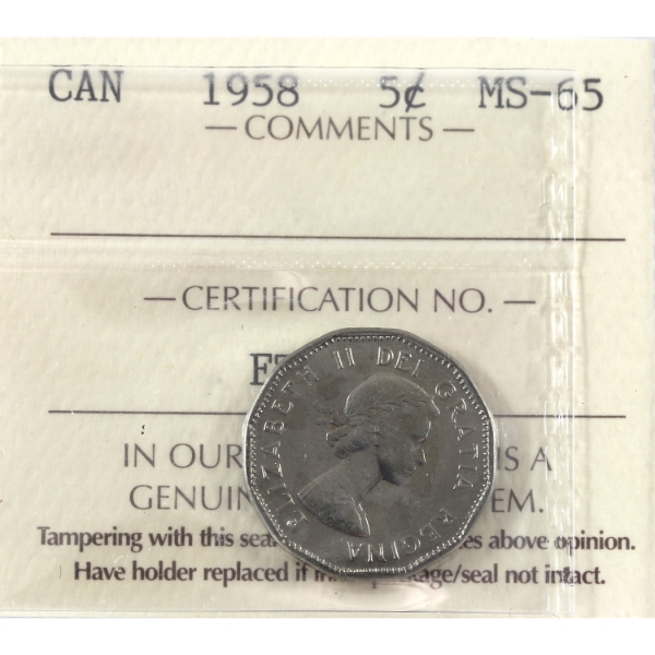 5-cent 1958 ICCS MS65