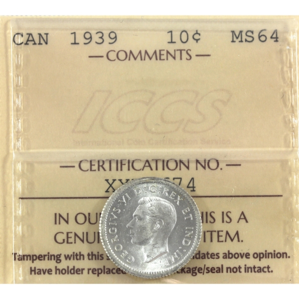 10-cent 1939 ICCS MS64