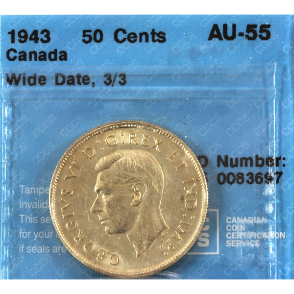 50-cent 1943 Wide Date, 3/3, Double Die 3 CCCS AU55