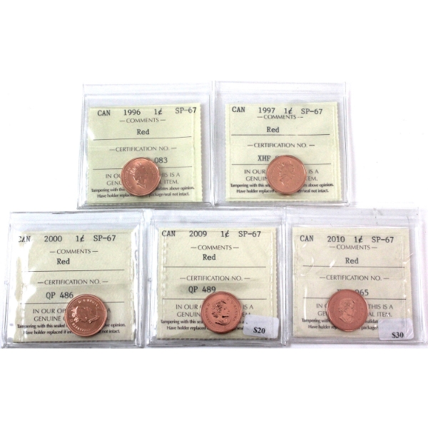 1-cent 1996, 1997, 2000, 2009 & 2010 ICCS SP67 Red. 5pcs
