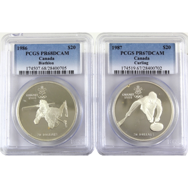 1986 & 1987 $20 Calgary Olympics Sterling Silver Coins PCGS PR67 to PR68 Deep Cameo. 2pcs.
