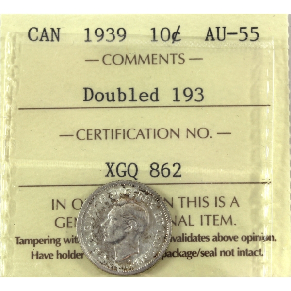 10-cent 1939 Doubled 139 ICCS AU55