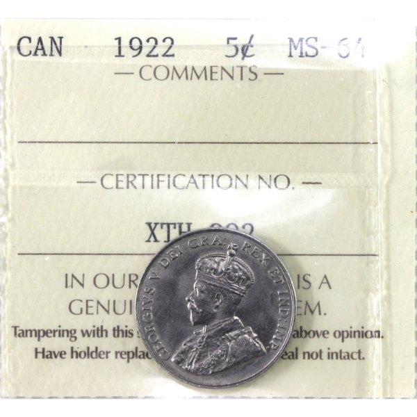 5-cent 1922 ICCS MS64