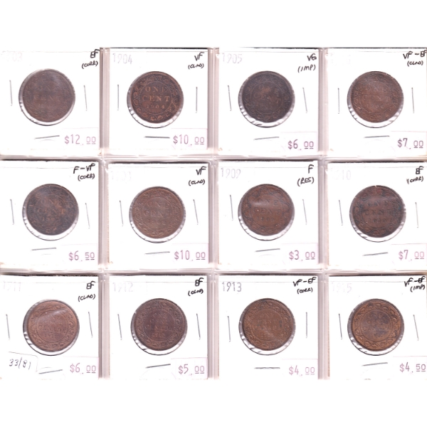 1-cent 1903-1915 Bulk Collection in 12-Pocket Sheet VG to EF. 12pcs