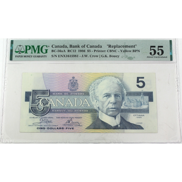 BC-56aA 1986 $5 ENX Replacement PMG AU55 Crow-Bouey Yellow BPN SN: ENX1615981