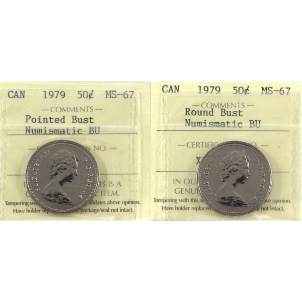 50-cent 1979 Round Bust & Pointed Bust ICCS MS67 NBU. 2pcs