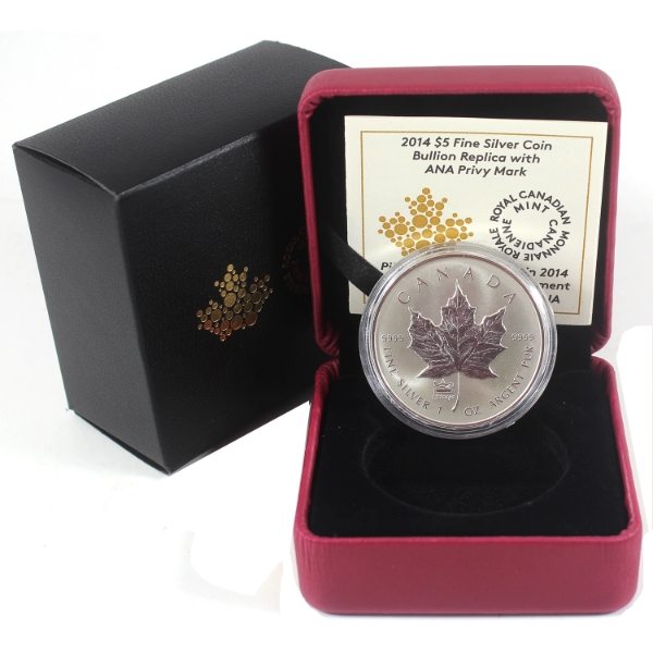 2014 $5 Bullion Replica w/ ANA Privy Mark 1oz .9999 Fine Silver Coin (Tax Exempt)