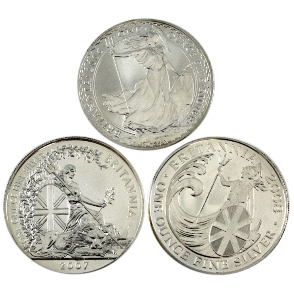1oz 2006-2008 2 Pounds Britannia .999 Silver Coins. 3pcs. (Tax Exempt)