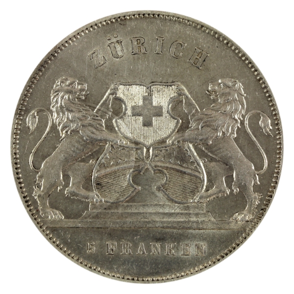 Switzerland Silver 1859 5 Francs Zurich Shooting Festival AU-UNC