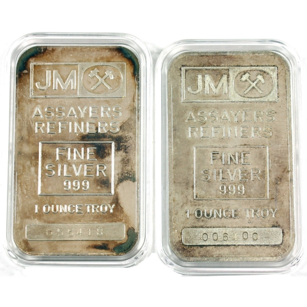 2x 1oz Johnson Matthey c.1979 .999 Silver Bars, Blank Back. 2pcs. (Tax Exempt)