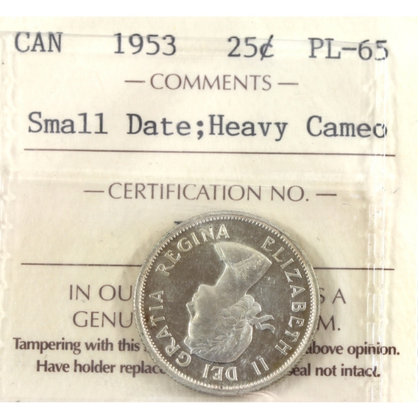 25-cent 1953 Small Date ICCS PL65 HC 