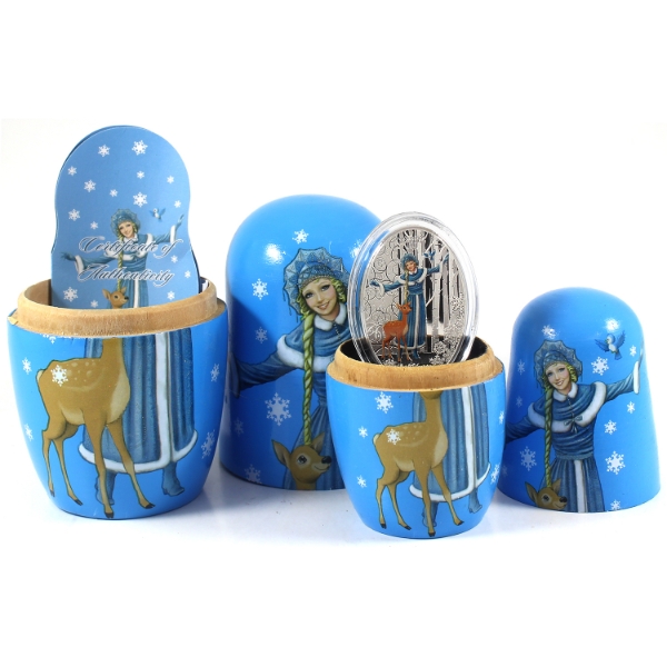 Solomon Islands Silver 2021 $5 Matrioshka- Snow Maiden in Unique Nesting Doll Packaging (Tax Exempt)