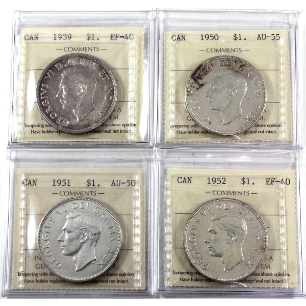 Silver $1 1939-1952 ICCS EF40 to AU55. 4pcs.