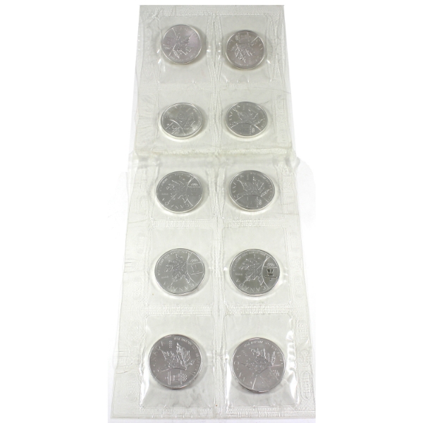 10x RCM 1oz 2008 $5 Vancouver 2010 Silver Maple Leaf .9999 Fine Silver Coins in Sealed Plastic Sheet