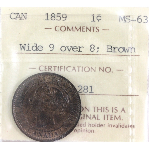 1-cent 1859 Wide 9/8 ICCS MS63 Brown 