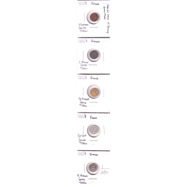 France Mixed Denomination 1800's Collection of Game Tokens in 5-Pocket Sheet. 5pcs. 