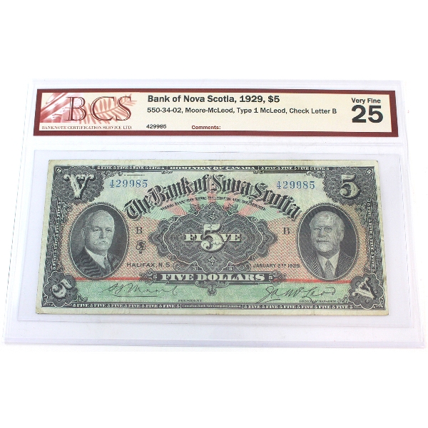 550-34-02 1929 Bank of Nova Scotia $5 BCS VF25 Moore-McLeod, Type 1 McLeod Check Letter B SN: 429985
