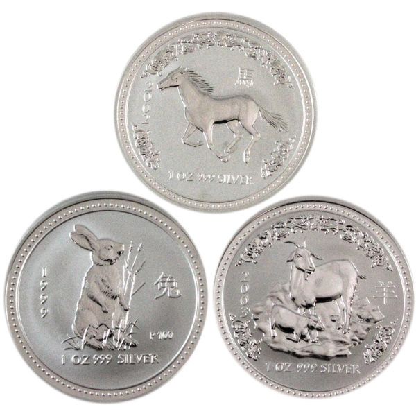 3x 1oz Australia Year of the Rabbit (1999), Horse (2002) & Goat (2003) .999 Fine Silver Rounds 