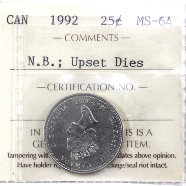 Error! 25-cent 1992 New Brunswick Upset Dies ICCS MS64