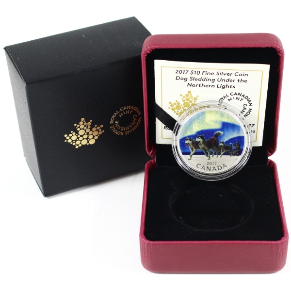 2017 $10 Iconic Canada - Dog Sledding Under the Northern Lights Fine Silver Coin (Tax Exempt)
