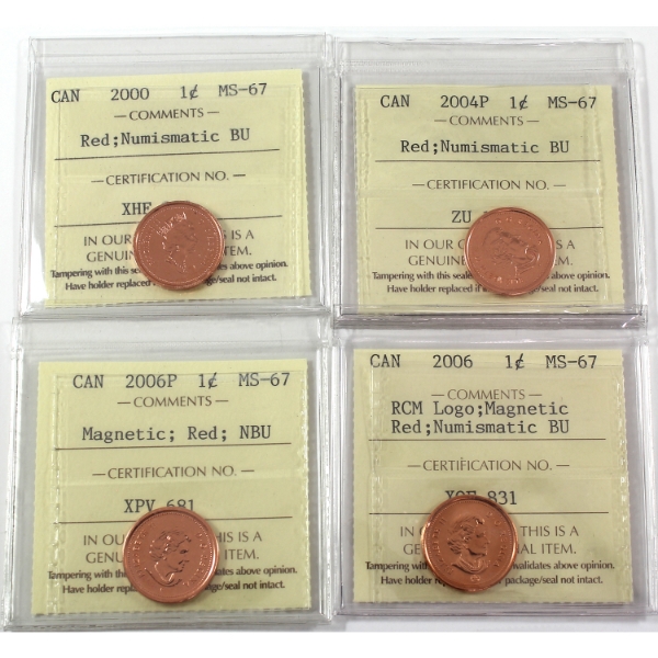 1-cent 2000-2006 ICCS MS67 Numismatic BU Red. 4pcs.