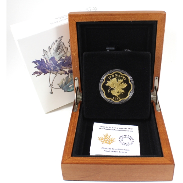 2018 $20 Iconic Maple Leaves Gold Plated 26.51g .9999 Fine Silver Coin (Tax Exempt)