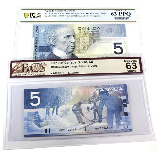 BC-62a 2002 $5 BCS CUNC63 Original Knight-Dodge & BC-62b 2004 $5 PCGS CUNC63 PPQ Jenkins-Dodge. 2pcs