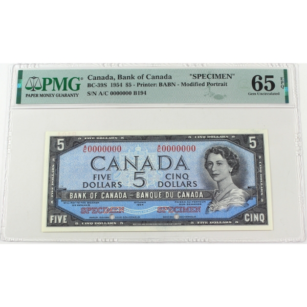 BC-39S 1954 $5 SPECIMEN PMG GEM UNC65 EPQ SN: A/C0000000 B194