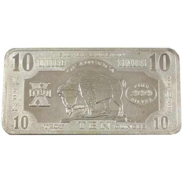 10oz USA $10 Bison Banknote .999 Fine Silver Bar (Tax Exempt)
