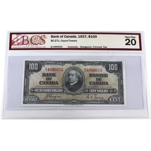BC-27c 1937 $100 BCS VF20 Coyne-Towers Changeover SN: B/J4690053