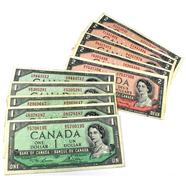 1954 $1 & $2 Bank of Canada Notes - 5x of Each Denomination. 10pcs