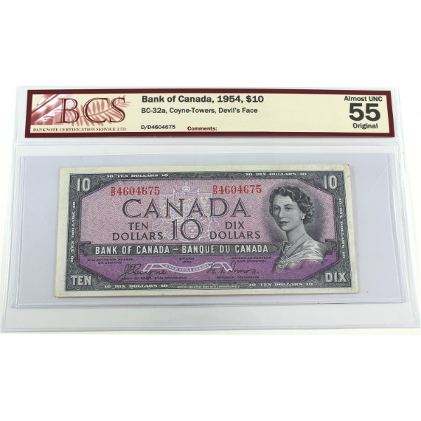 BC-32a 1954 $10 Devil's Face BCS AU55 Original Coyne-Towers SN: D/D4604675