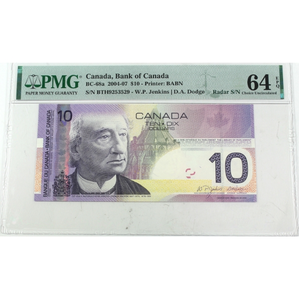 RADAR BC-68a 2005 $10 4 Digit RADAR PMG CUNC64 EPQ Jenkins-Dodge SN: BTH9253529 Printed in 2007