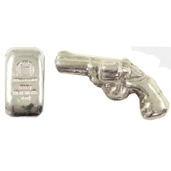 Just Over 2oz Lot Total! 1oz Germania Mint Bar & 38g MPM .38 Revolver .999 Fine Silver. 2pcs.