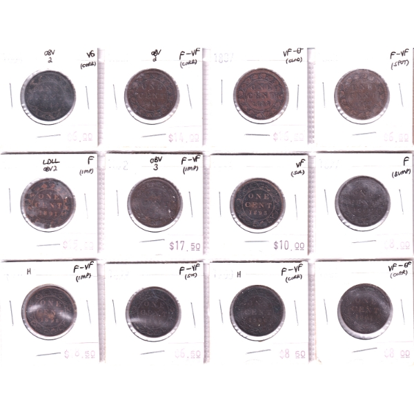 Bulk Lot of 1-cent 1884-1901 VG to VF-EF in 12-Pocket Sheet. 12pcs.