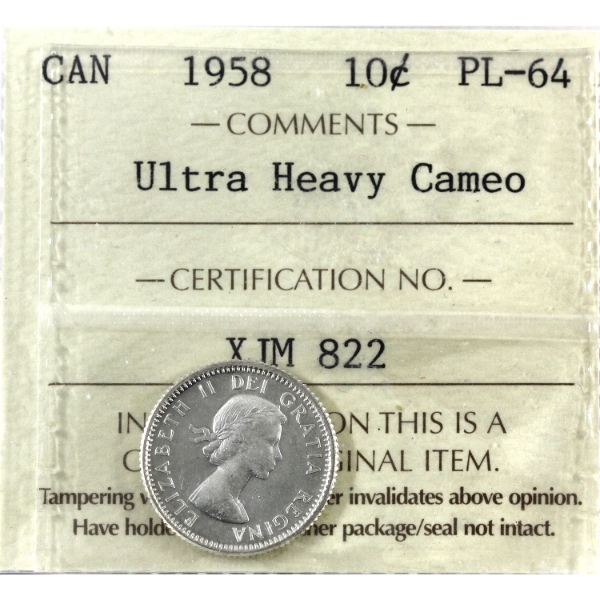 10-cent 1958 ICCS PL64 Ultra Heavy Cameo