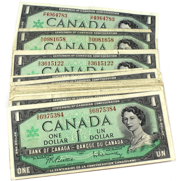 21x 1867-1967 Bank of Canada $1 Commemorative Centennial Notes. 21pcs