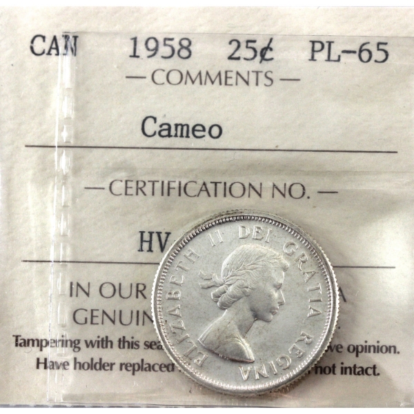 25-cent 1958 ICCS PL65 Cameo