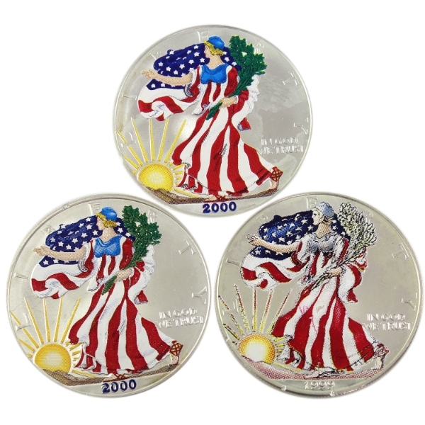 3x 1oz USA 1999 & 2000 $1 Colourized Silver Eagle .999 Fine Silver Rounds. 3pcs. (Tax Exempt)