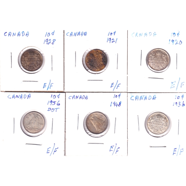 10-cent 1920, 1921, 1928, 1936, 1948, & 1956 Dot EF. 6pcs.