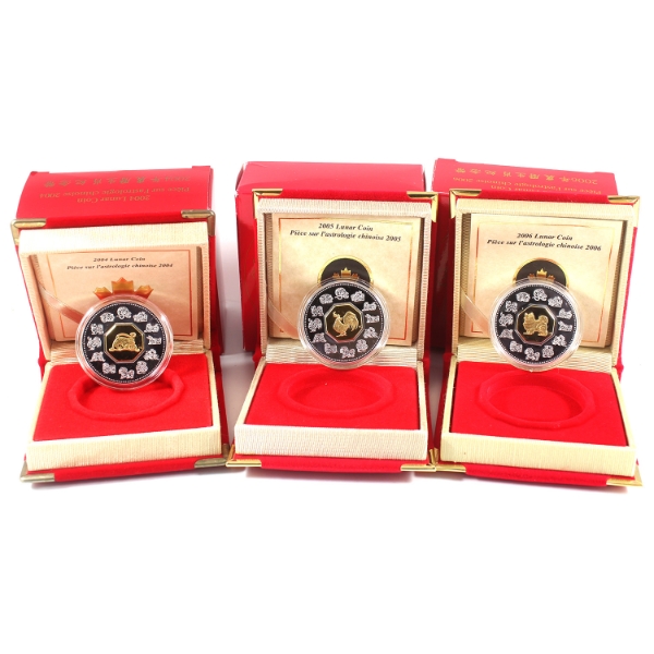 2004-2006 $15 Sterling Silver Lunar Coins w/ Gold Plated Cameos. 3pcs