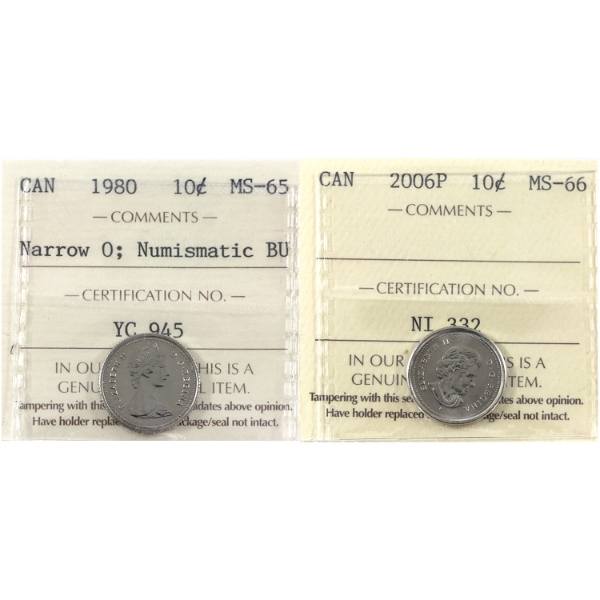 10-cent 1980 Narrow 0 NBU MS65 & 2006P MS66 ICCS. 2pcs.