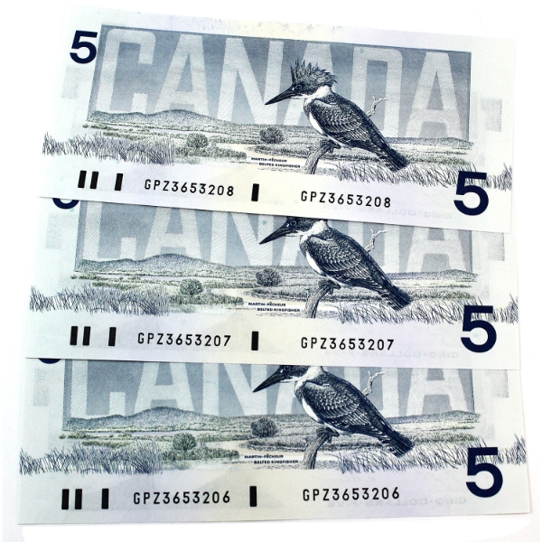BC-56eA 1986 $5 Consecutive UNC or Better Knight-Dodge SN:GPZ3653206-"08. 3pcs.