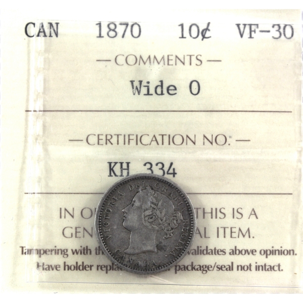 10-cent 1870 Wide 0 1/1 ICCS VF30
