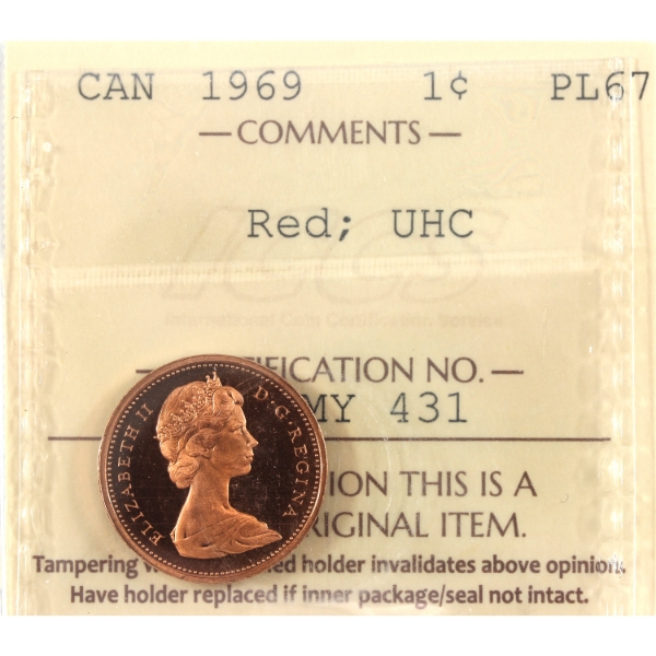 1-cent 1969 ICCS PL67 Red, Ultra Heavy Cameo