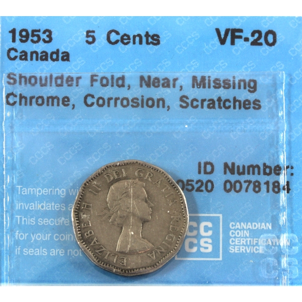 5-cent 1953 SF NL, Missing Chrome CCCS VF20 (Corrosion, Scratches)