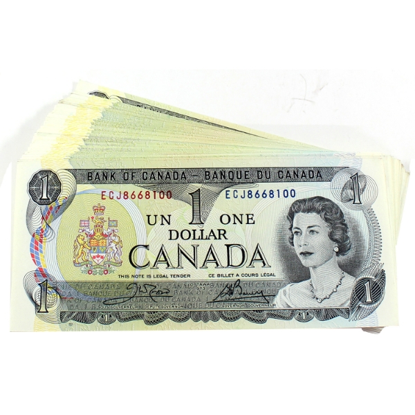 Bundle of 1973 $1 Banknotes, Not in Sequence AU or Better. 