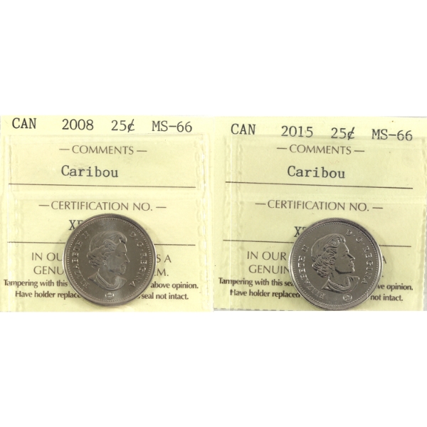 25-cent 2008 & 2015 Caribou ICCS MS66. 2pcs.